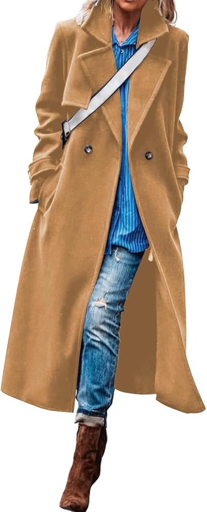 Aoang Womens Long Winter Coat Women's Notched Collar Double Breast Midi Long Trench Coat | Amazon (US)