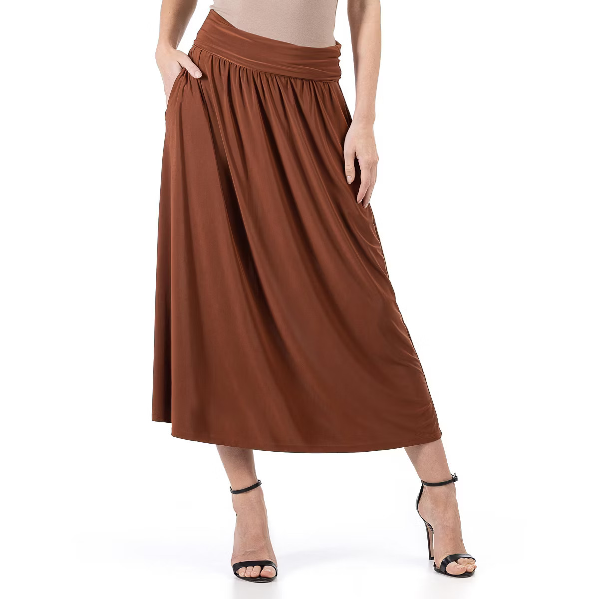 24seven Comfort Apparel Womens Foldover Maxi Skirt With Pockets-Brown-L | Target