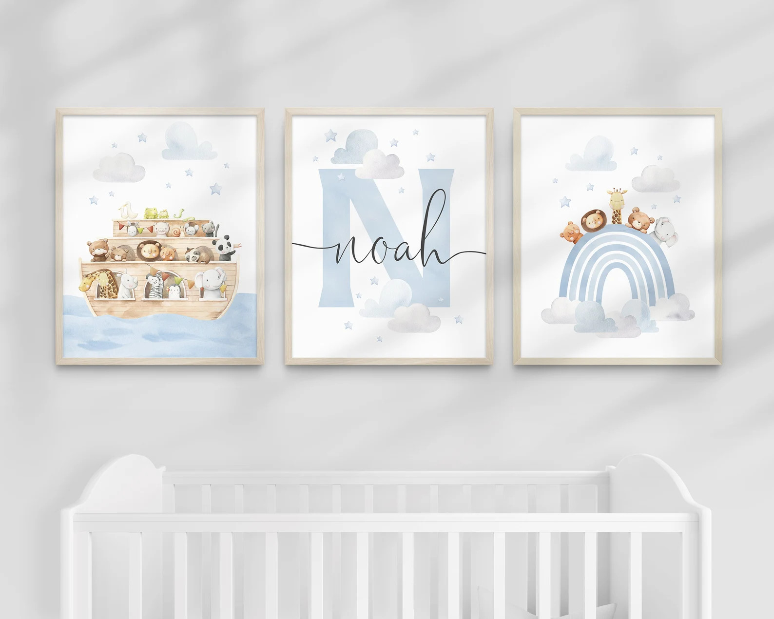 Personalised Noahs Ark Nursery Printable Wall Art, Set of 3, Safari Animal Nursery Art, Blue Rain... | Etsy (US)