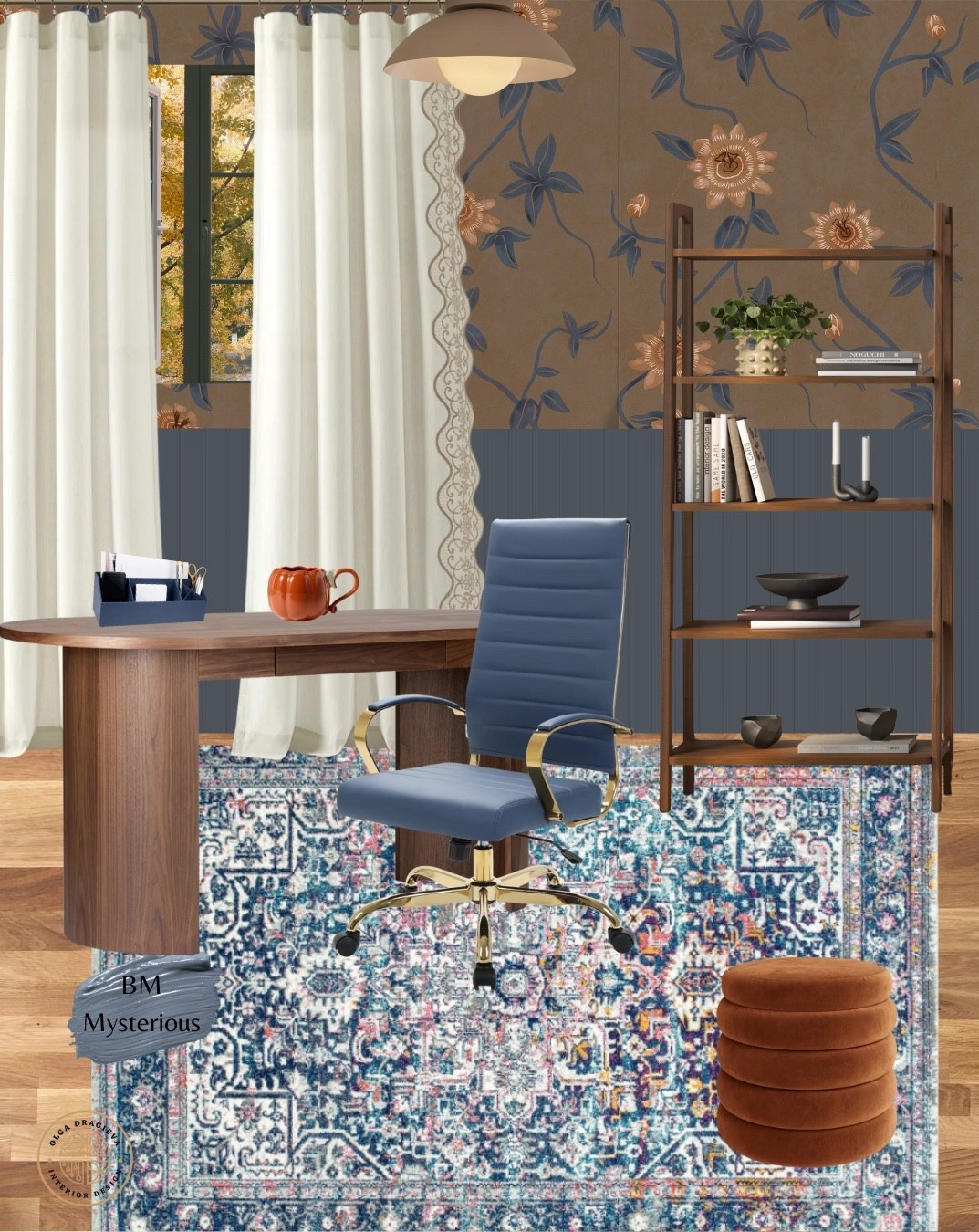 Cosy home office, who says that home office should be boring?! Gorgeous wallpaper, beautiful office chair, affordable desk, vintage rug, mid-century modern shelf, velvet storage ottoman, scalloped curtain. #homedecor #homeoffice #workfromhome

#LTKFamily #LTKHome #LTKSeasonal