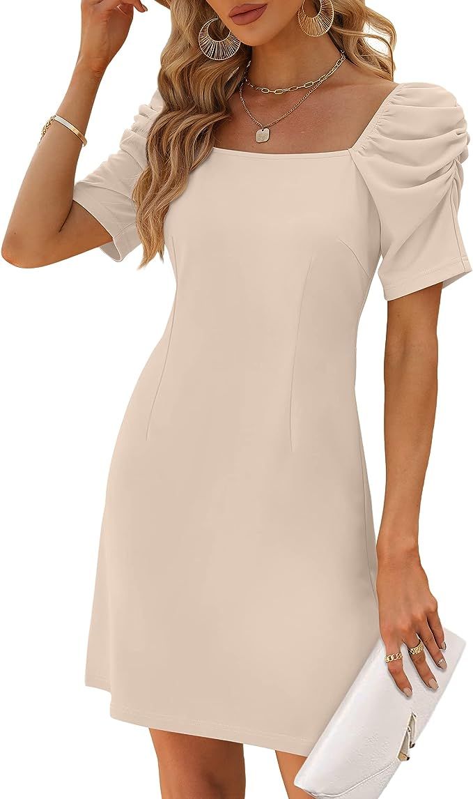 NIASHOT Women's Summer Puff Short Sleeve Dresses Square Neck Aline Mini Dress | Amazon (US)