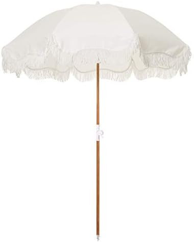 Business & Pleasure Co. Holiday Umbrella - Boho Beach Umbrella with White Fringe, UPF 50+, 1" Til... | Amazon (US)