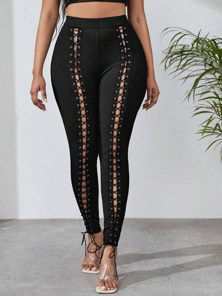 SHEIN SXY Lace Up Front Grommet Lace Up Front Skinny Pants | SHEIN