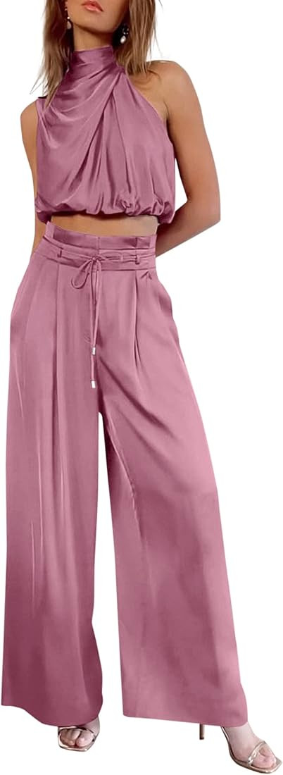 PRETTYGARDEN Women's 2 Piece Outfits 2023 Summer Casual Sleeveless Mock Neck Crop Tops Wide Leg P... | Amazon (US)