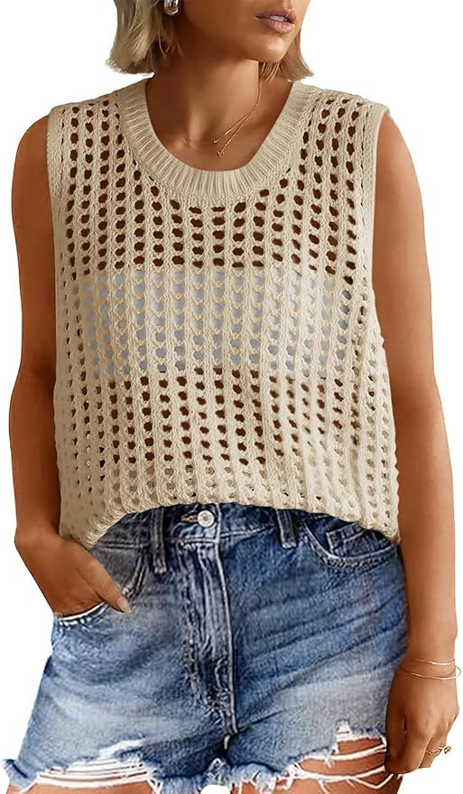 Fisoew Womens Summer Crochet Tank Tops Sleeveless Scoop Neck Loose Knit Sweater Vest Boho Hollow ... | Amazon (US)