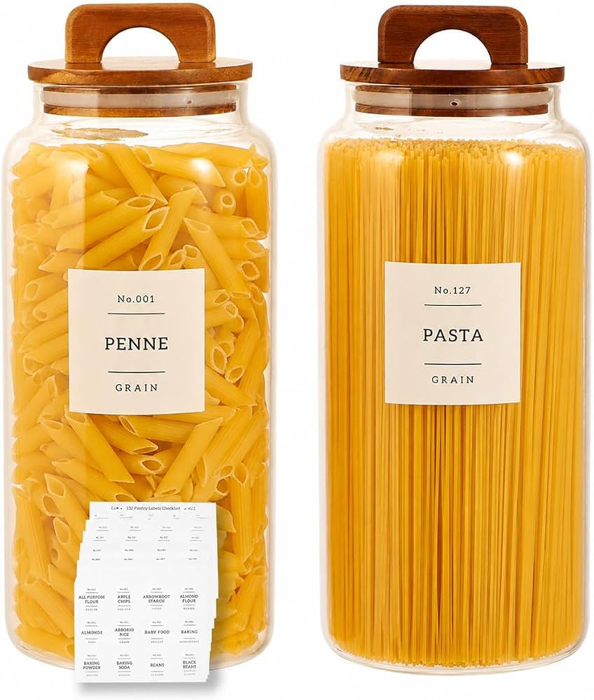 2 Pack Large Glass Flour and Sugar Containers with 132 Pantry Labels - 105 FL OZ Glass Canisters ... | Amazon (US)