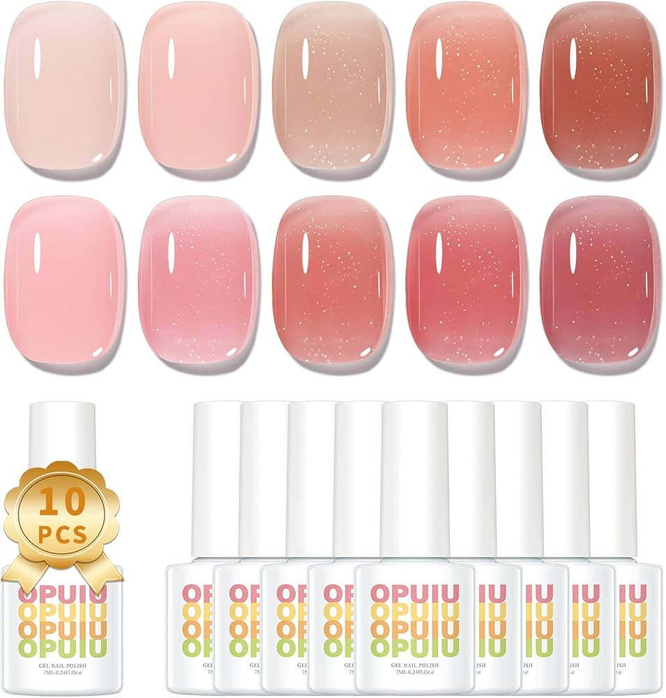 OPUIU 10 Pcs Jelly Shimmer Glitter Gel Nail Polish Set Red Pink Nude Translucent Sheer Gel Nail P... | Amazon (US)