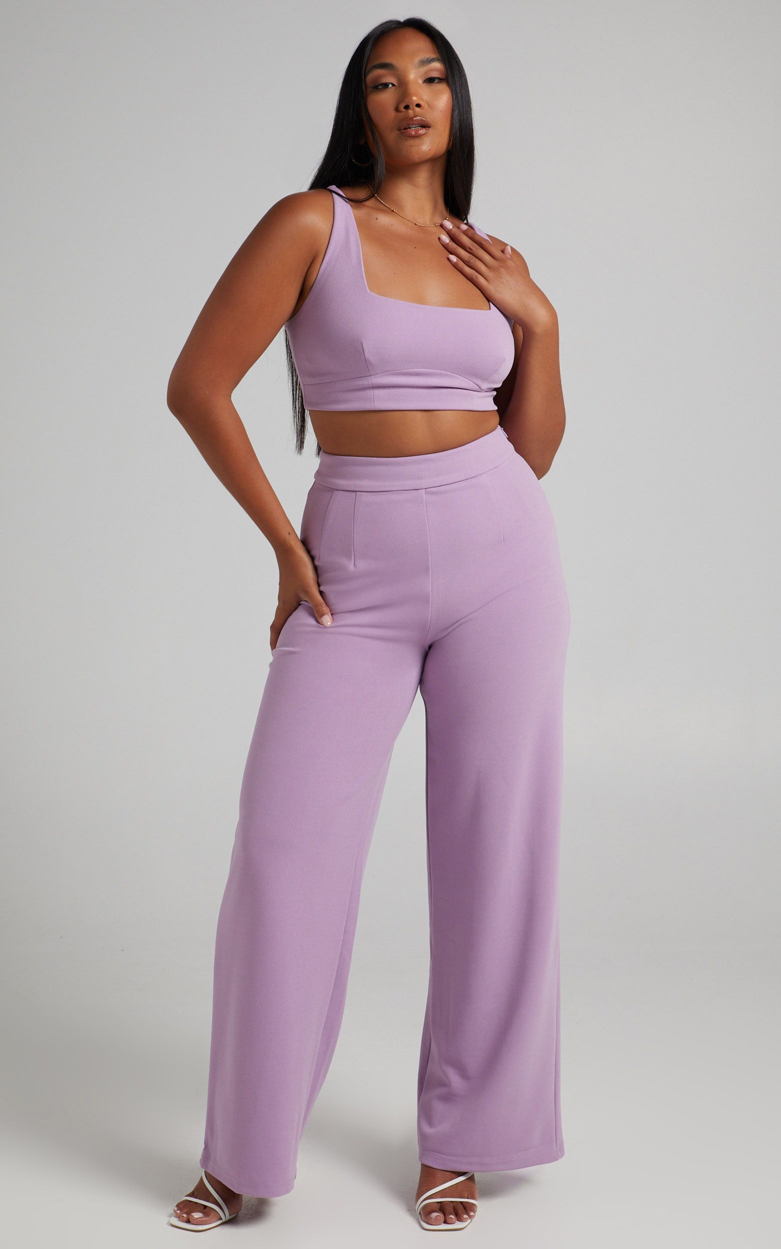 Elibeth Two Piece Set - Crop Top and High Waisted Wide Leg Pants in Lilac | Showpo (US, UK & Europe)