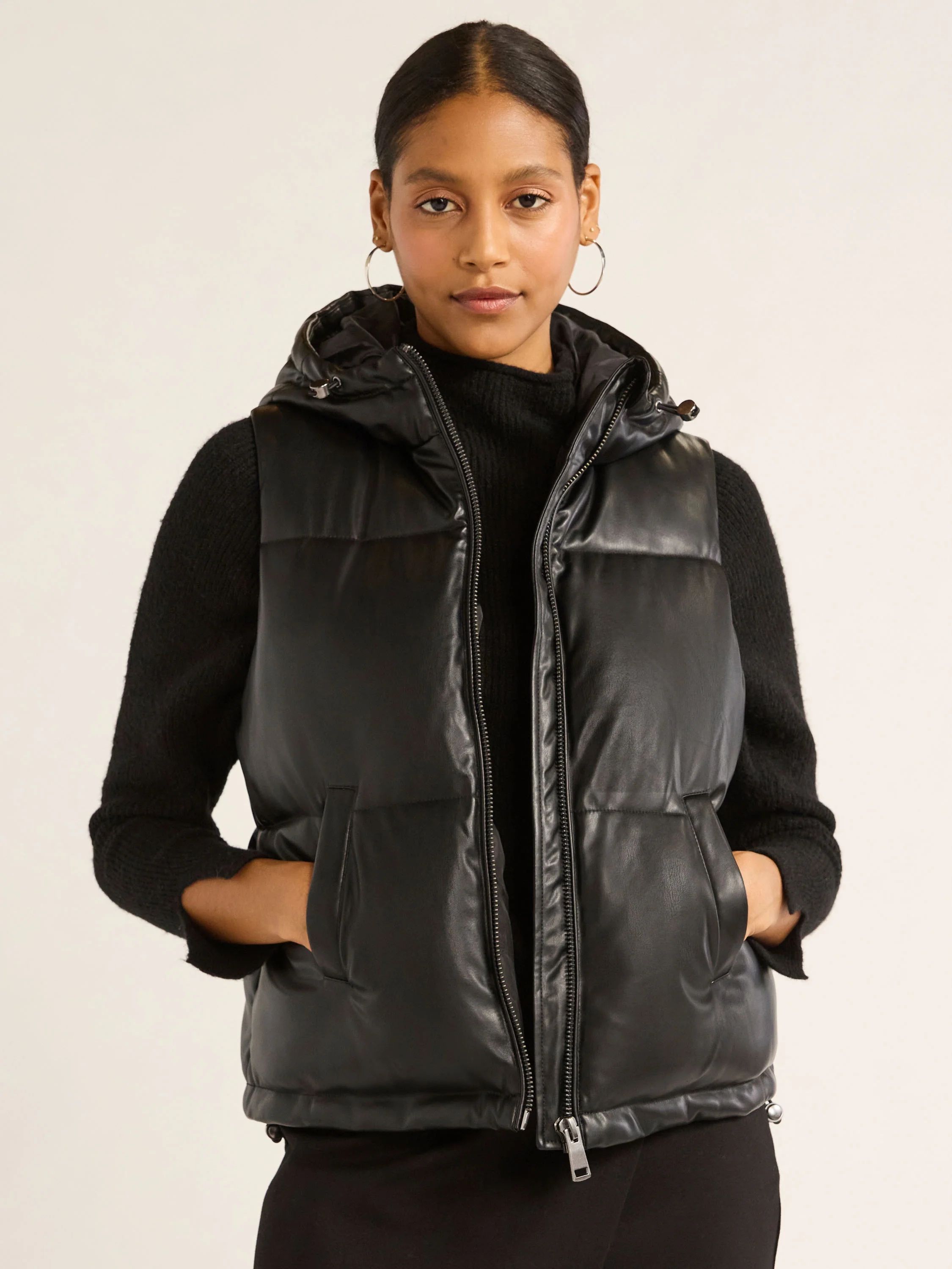 Scoop Women's Faux Leather Hooded Puffer Vest, Midweight, Sizes XS-XXL - Walmart.com | Walmart (US)