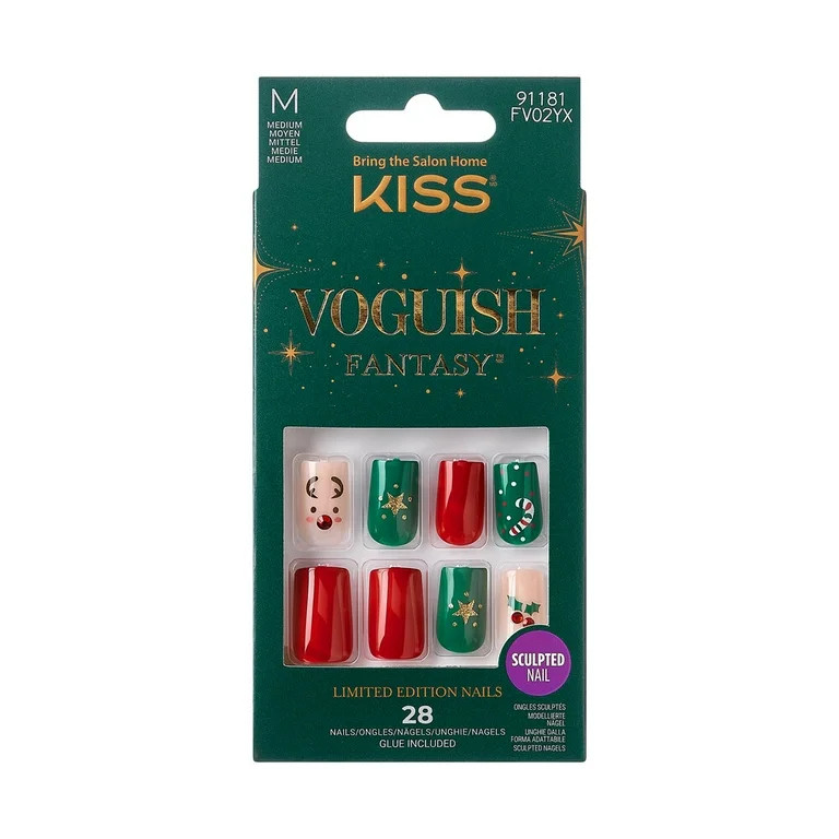 KISS Voguish Fantasy Holiday Press-on Nails, Stockings, Red, Medium Length, Square Shaped, 28 Cou... | Walmart (US)