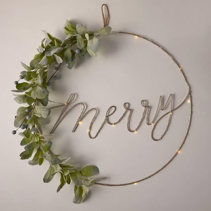 20" Lit 'Merry' Hoop with Faux Greenery Decorative Wreath Gold - Wondershop™ | Target