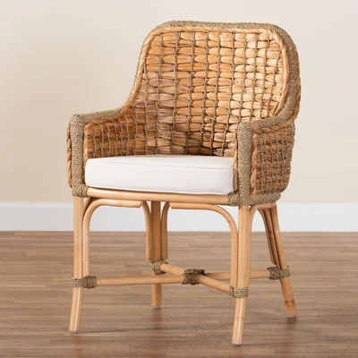 Modern Bohemian Natural Brown Woven Rattan Dining Arm Chair With Cushion | Wayfair North America