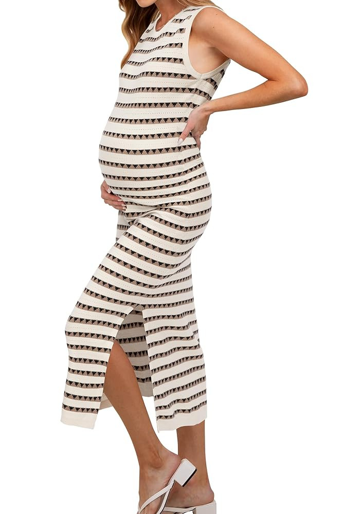 OUGES Women's 2025 Summer Maternity Dress Knit Sleeveless Crewneck Midi Dress Side Slit Striped B... | Amazon (US)