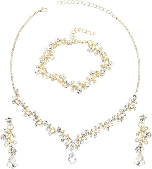 Rhinestone Wedding Jewelry Sets for Bridal Women Crystal Necklace Bracelet Earrings Set Prom Jewe... | Amazon (US)