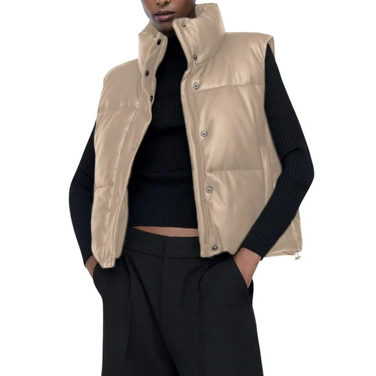 Women PU Leather Short Puffer Vest Coat Sleeveless Zip-Up Button Down Jacket Winter Warm Waistcoa... | Walmart (US)