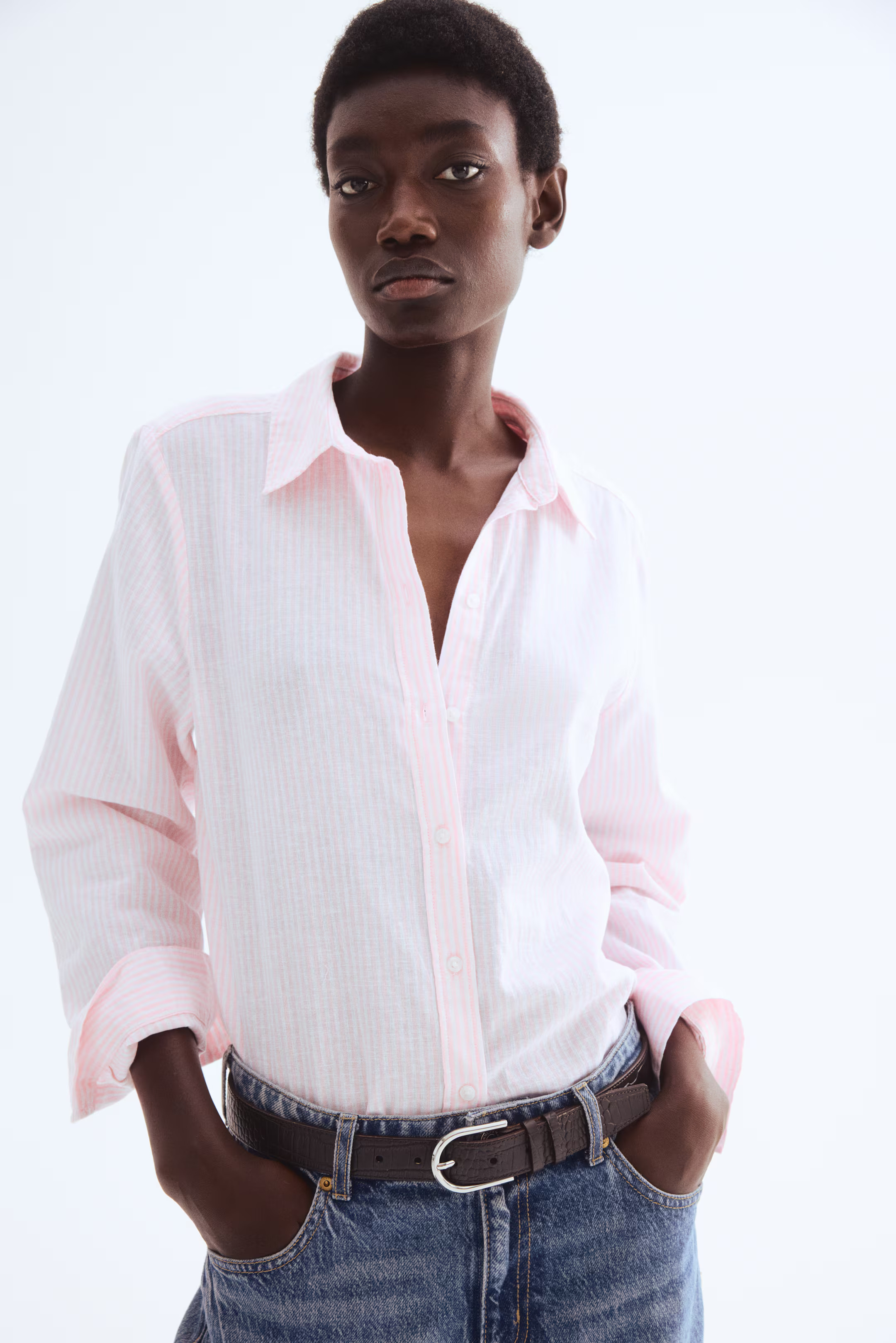 Linen-Blend Shirt - Light pink/striped - Ladies | H&M US | H&M (US + CA)