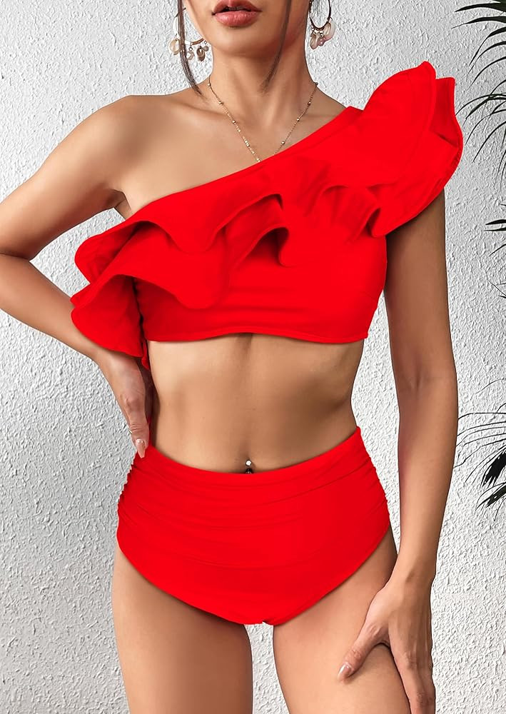 SPORLIKE Women High Waisted Swimsuit Flounce One Shoulder Bikini Padded Bathing Suit | Amazon (US)