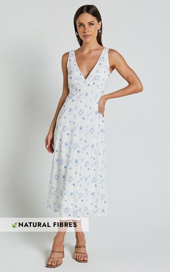 Becca Midi Dress - Ruched Bust Sleeveless V Neck Dress in Blue Print | Showpo (US, UK & Europe)