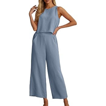 IWOLLENCE Women's Summer 2 Piece Outfits Set Round neck Sleeveless Tank Crop Top Wide Leg pants S... | Amazon (US)