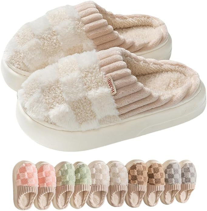 ASNAT Kawaii Checkered Slippers Unisex Cute Fluffy Home Slippers Fuzzy Slippers | Amazon (US)