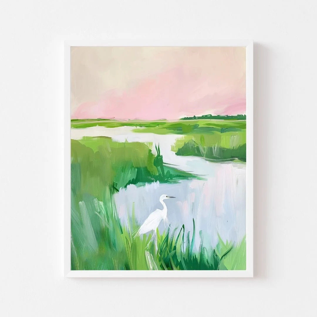 White Heron in Marsh Painting Egret Shore Bird Wall Art Print Coastal Beach House Digital Downloa... | Etsy (US)