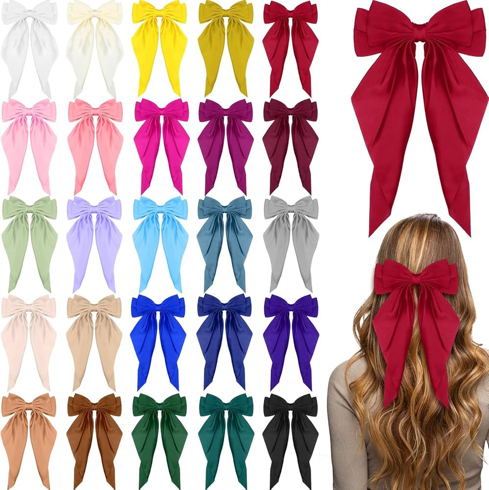 Mimorou 25 Pcs Large Hair Bows Bulk Big Satin Hair Bows for Women,Plain | Amazon (US)