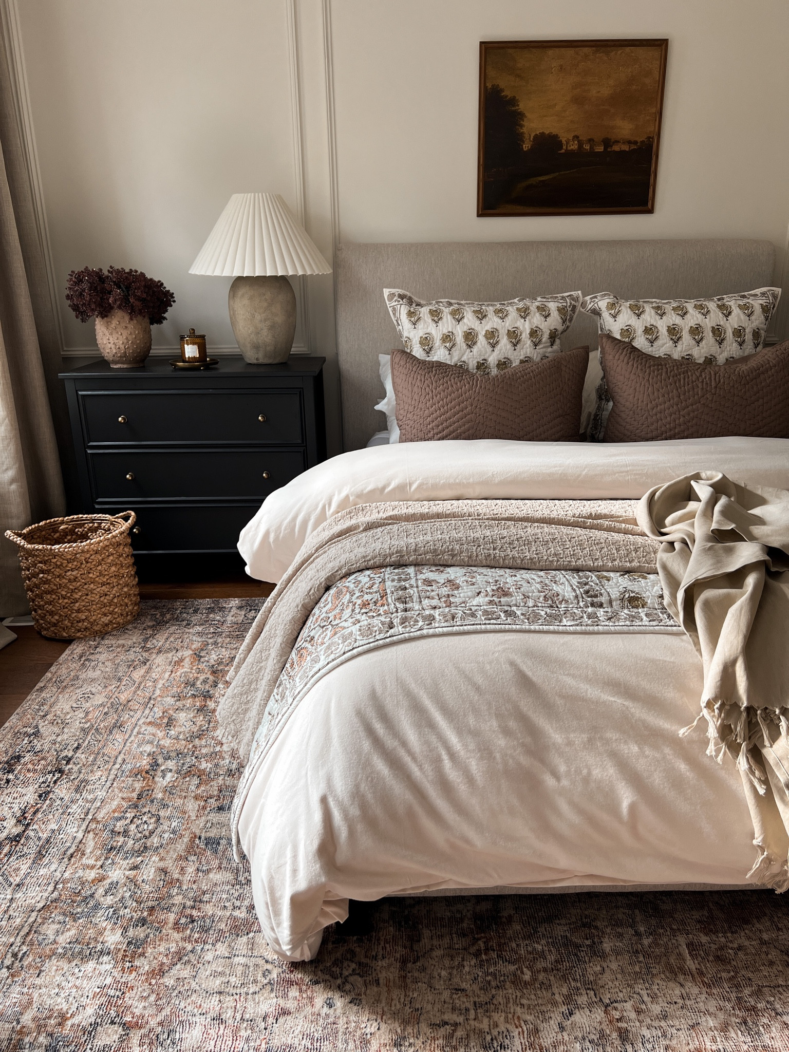 Primary bedroom styling ideas 

Vintage look loloi amber Lewis cloudpile sunset ink rug charcoal brown, mustard, rust, brown Etsy kantha quilt floral geometric ikat print ivory dark tan black plaid throw blanket woven tray stripe throw pillow boucle vintage antique art print concrete cement urn lamp with white pleated shade found vase Amazon drapes natural oatmeal color grandma chic vintage modern organic earth tones vintage dresser arched mirror green leaf realistic stems marble candle holder taupe taper candle wood bowl found vase 

#LTKstyletip #LTKSale #LTKFind