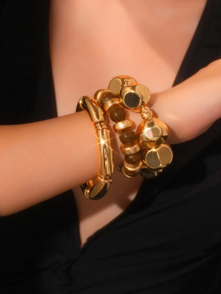 3pcs/Set Vintage Multi-Layer Brown Acrylic Beaded Bracelet, Transformable 14K Gold Color Rhinesto... | SHEIN