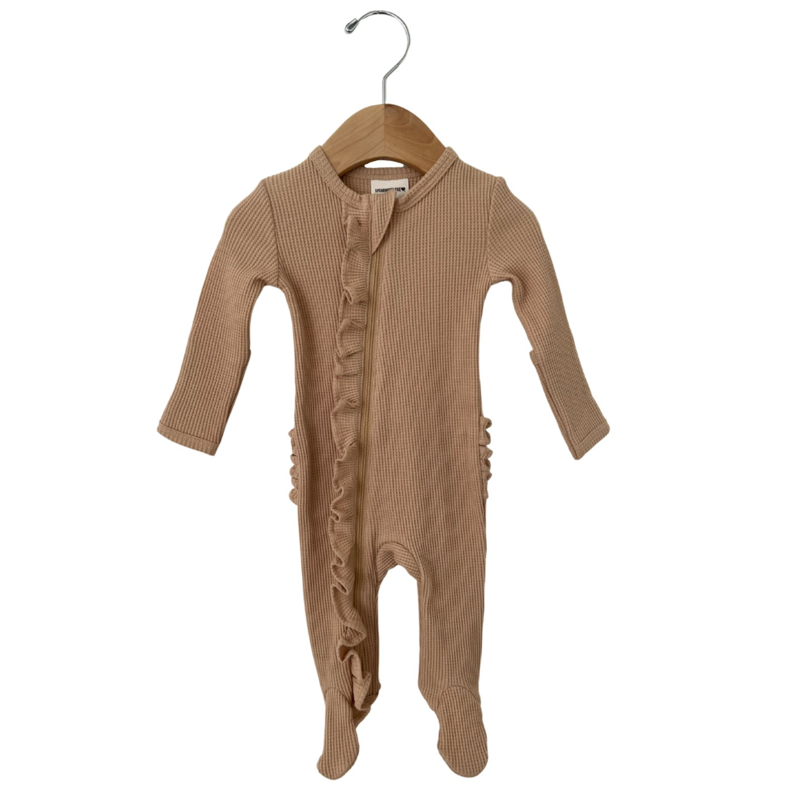 Organic Waffle Ruffle Zip Footie, Tan | SpearmintLOVE