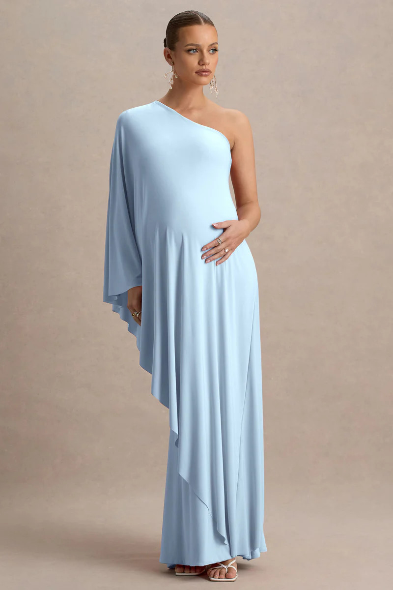 Waves  Powder Blue Asymmetric Maternity Maxi Dress With One-Sleeve Cape | Club L London