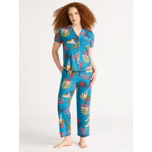 Joyspun Women's Dreamy Soft Collection Notch Collar Short Sleeve Knit Top & Capri Pajama Set, 2-P... | Walmart (US)