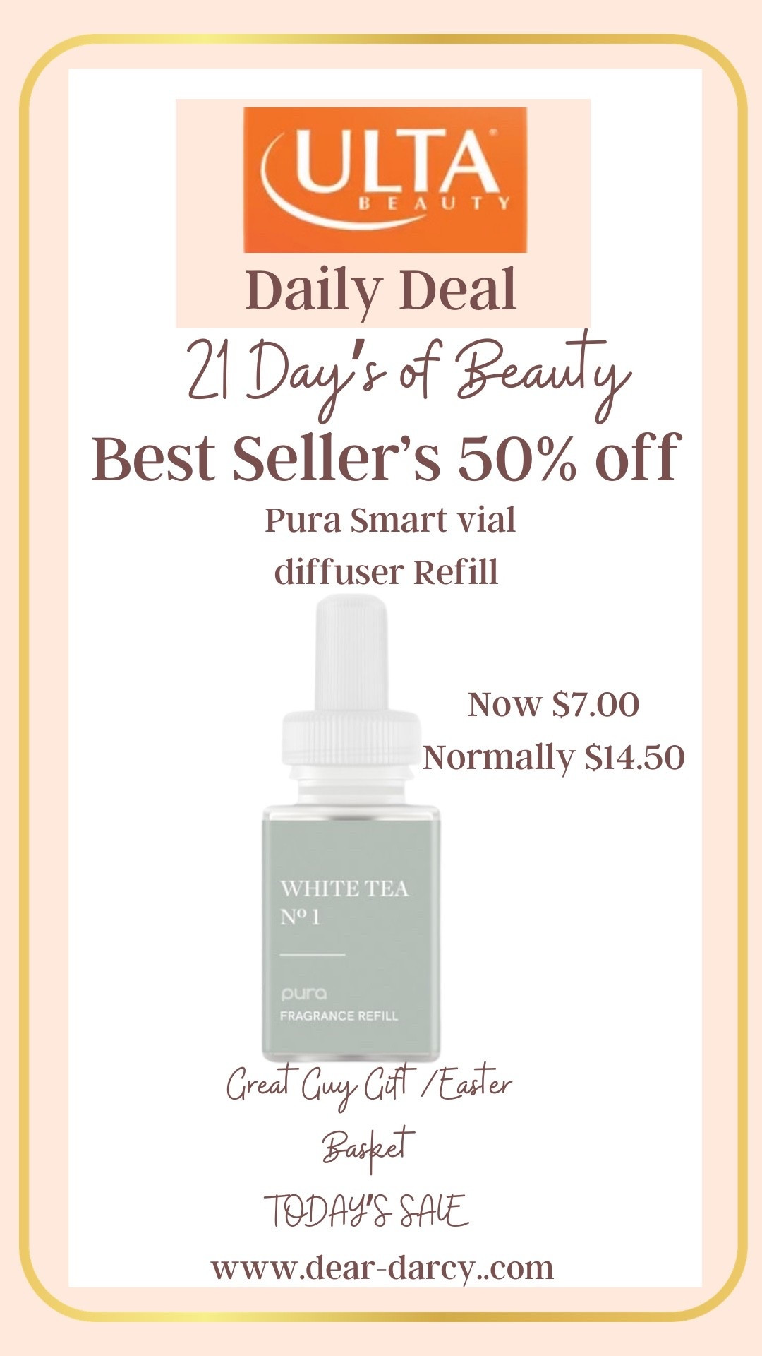 Ulta 
21 days of Beauty 

Today my picks are :

Pura Smart Visl 
Diffuser refill 
Now $7 
Normally $13.00



#LTKSaleAlert #LTKBeauty