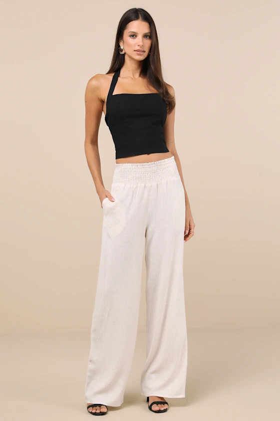 Hit the Breeze Beige Smocked Wide-Leg Pants | Lulus