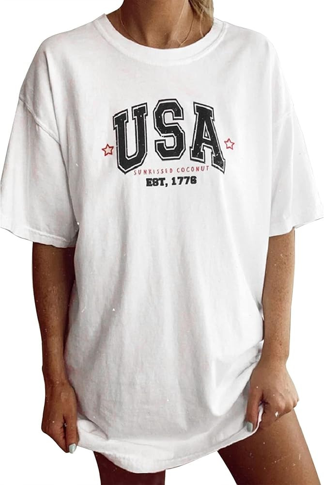 Avanova Women's USA Letter Graphic Oversized Tee Short Sleeve Round Neck Casual Loose T Shirt | Amazon (US)