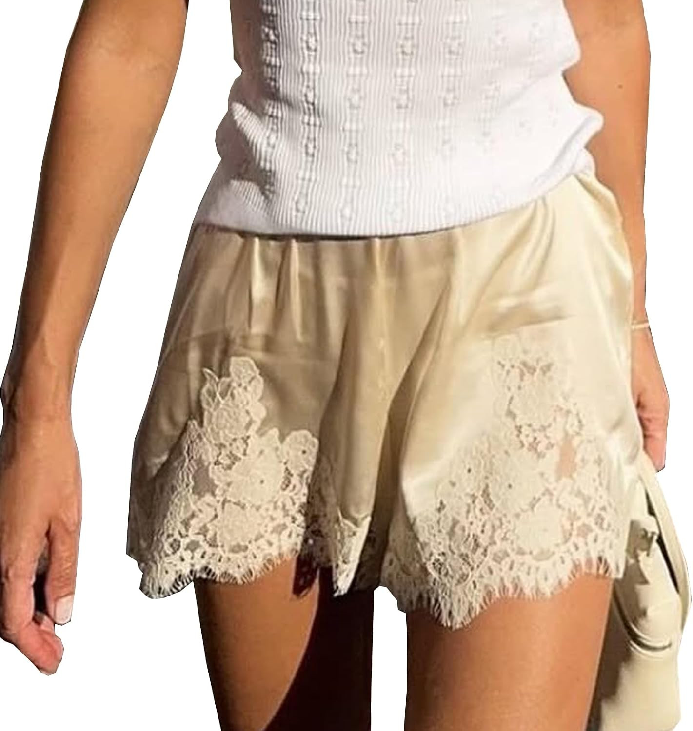 Women Satin Silk Lace Shorts Low Rise Lace Trim Slip Shorts Lounge Bottoms | Amazon (US)