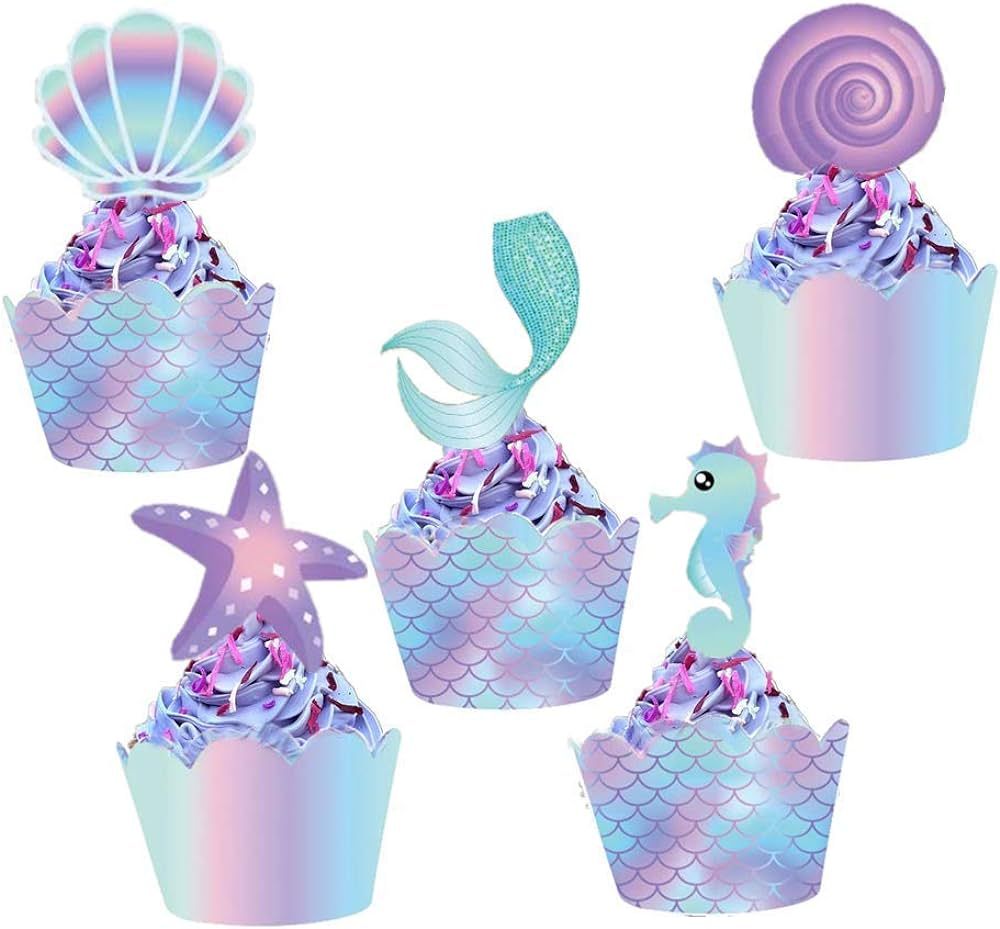 YOMINY Mermaid Cupcake Toppers and Wrappers, 40 pcs Double Side Little Mermaid Theme Decoration,U... | Amazon (US)