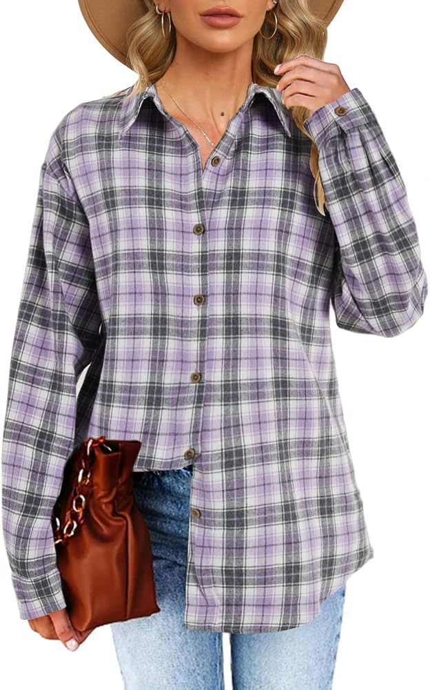 Womens Long Sleeve Plaid Shirts Flannel Collared Button Down Shackets Casual Rolled Up Boyfriend ... | Amazon (US)