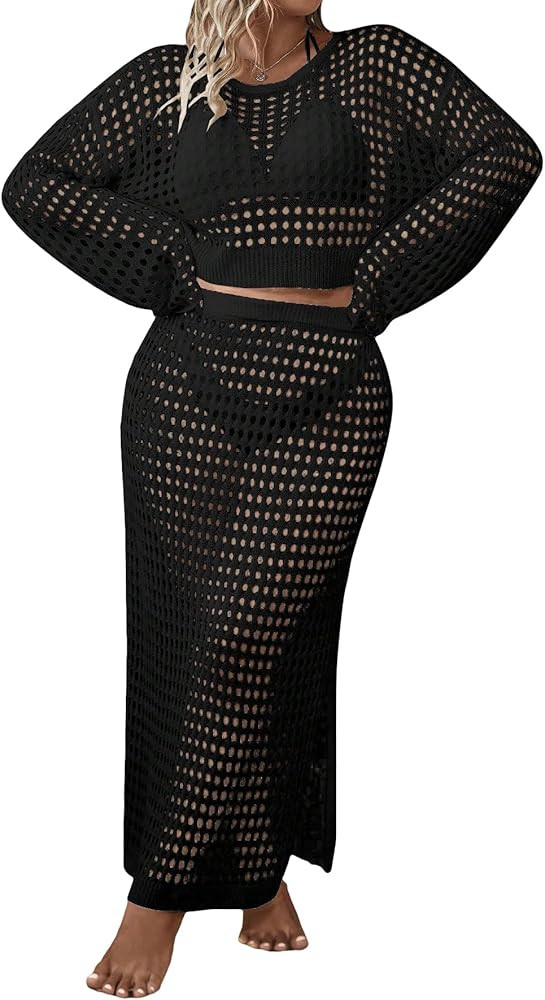 GORGLITTER Women's Plus Size 2 Piece Crochet Cover Ups Long Sleeve Knitted Hollow Out Skirt Set B... | Amazon (US)