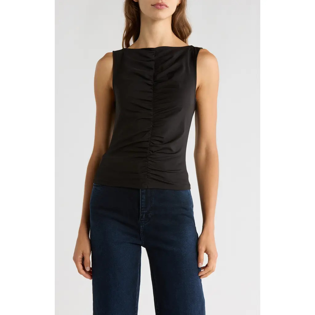 FRAME Ruched Sleeveless Top in Black at Nordstrom, Size Large | Nordstrom