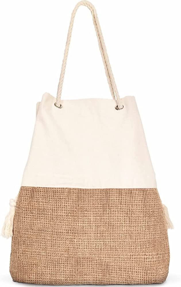 Large Beach Bag - woven beach bag - Canvas and Jute boho Tote Summer Shoulder Bag, Amazon Fashion | Amazon (US)