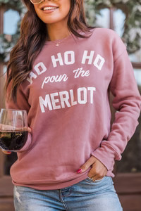 Ho Ho Ho Pour The Merlot Mauve Graphic Sweatshirt | Pink Lily
