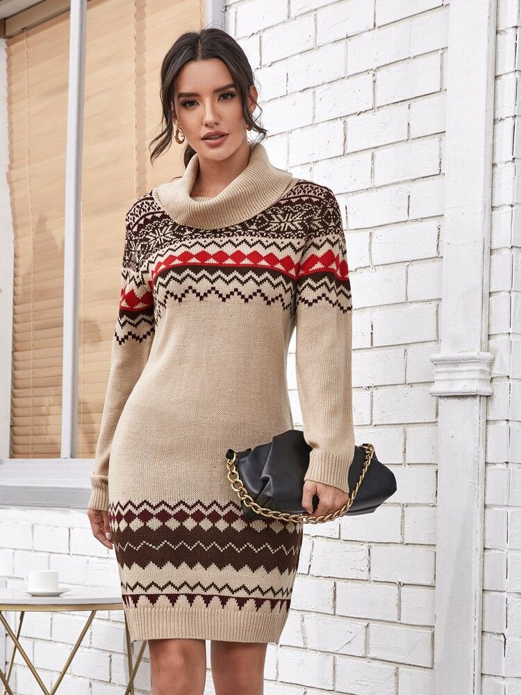 Funnel Neck Fair Isle Sweater Dress | SHEIN