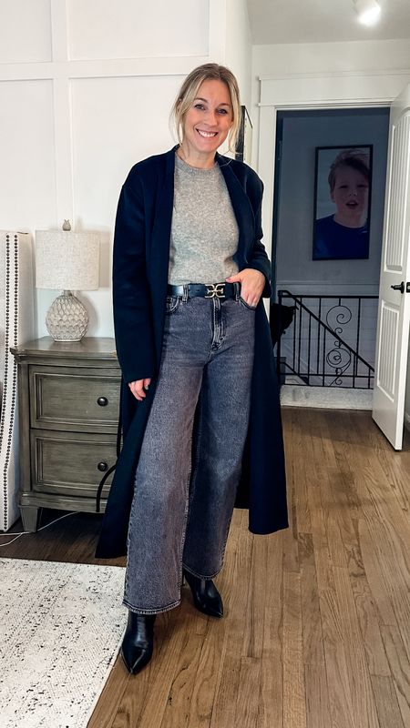 Monochromatic base of gray and pops of black with the belt, blanket coat and booties! Small top, 29 short jeans (tts) and small jacket. Medium belt  

#LTKMostLoved #LTKstyletip #LTKworkwear