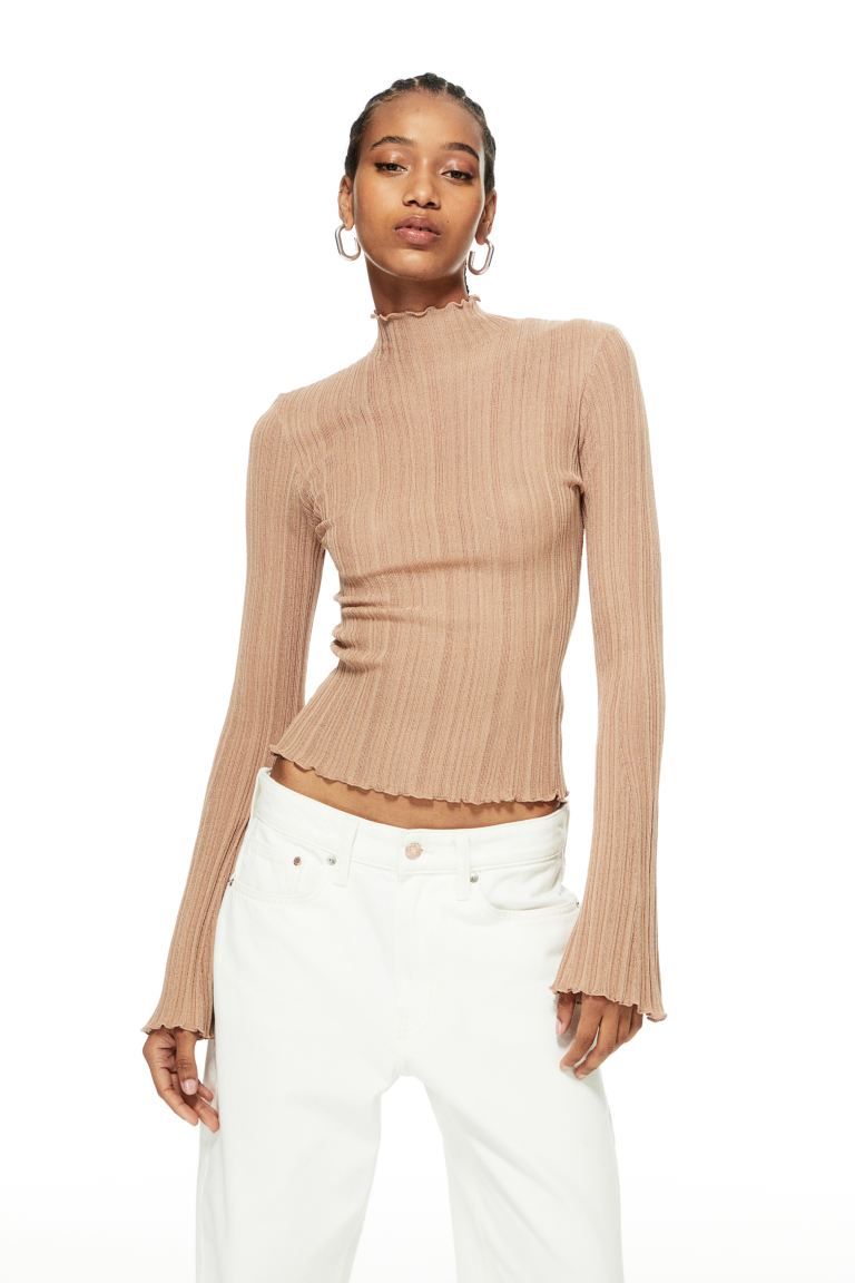 Rib-knit turtleneck top - Dark beige - Ladies | H&M GB | H&M (UK, MY, IN, SG, PH, TW, HK)