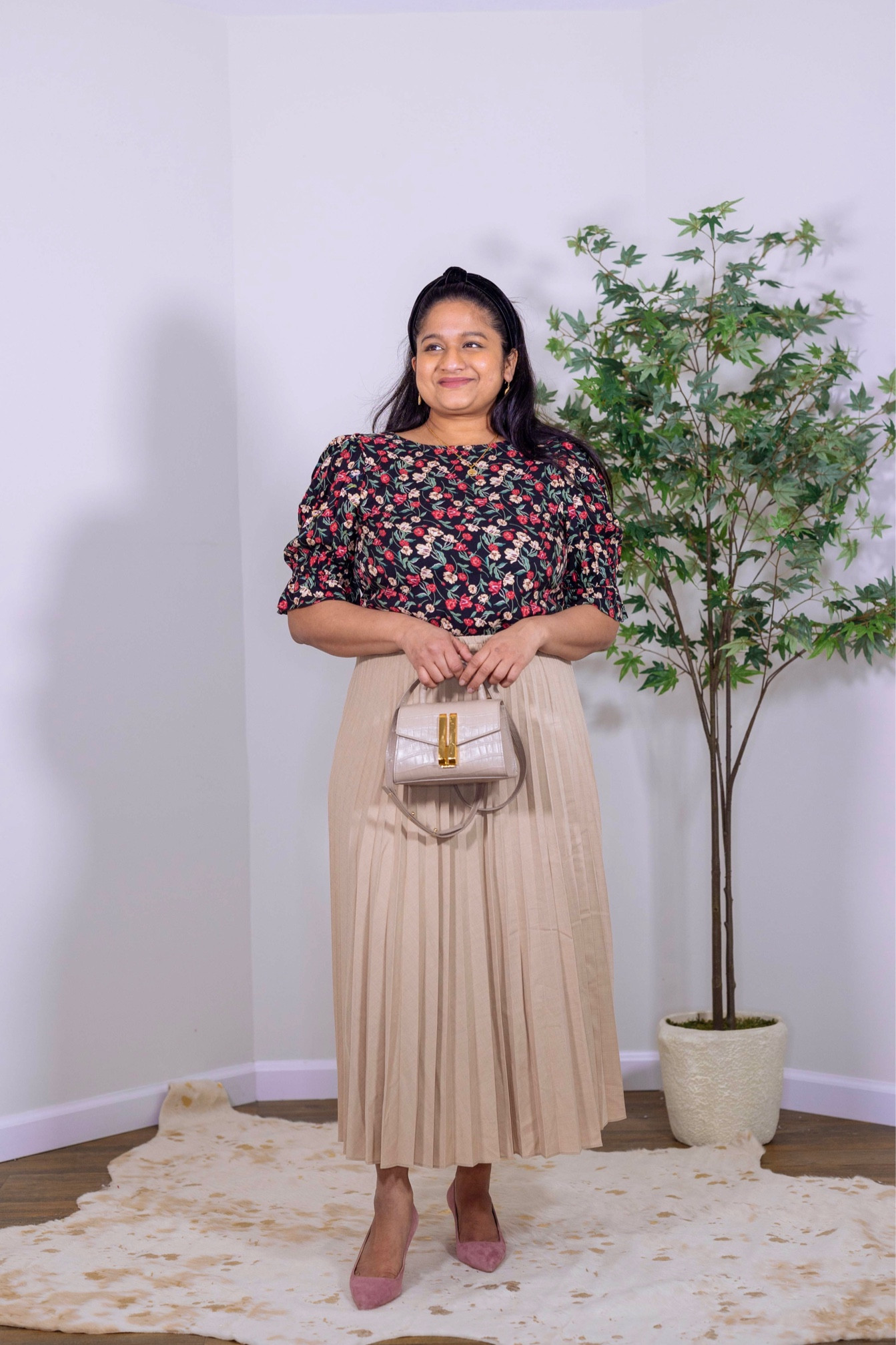 Spring work outfit. 
Kohls draperjames floral blouse on sale for $20 
Unlqpo pleased skirt 
Demellier bag 
Journeys pink pump 

#LTKworkwear #LTKunder50 #LTKstyletip