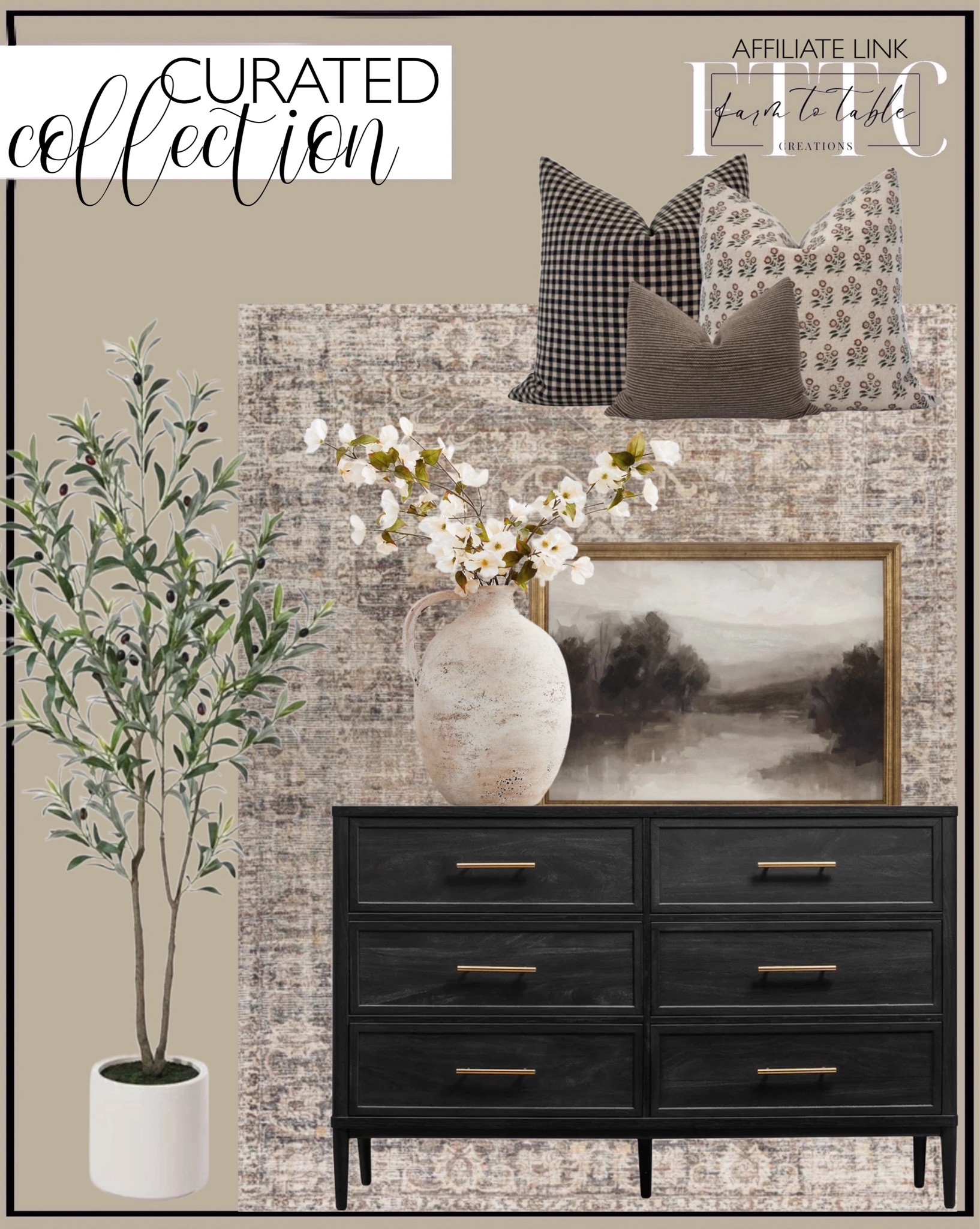Curated Collection. Follow @farmtotablecreations on Instagram for more inspiration.

Becki Owens x Surya Marlene Vintage Dark Brown Area Rug. 5FT Artificial Muti-Trunk Olive Tree Plants with 8.6 inches Large White Planter. 8 lb. DR.Planzen. Better Homes & Gardens Oaklee 6 Drawer Dresser, Charcoal Finish. Pillow Cover Combo Brown Pillow Cover Combo Moody Pillow Cover Set Block Print Pillow Combo Black Floral Pillow Brown Pillow Cover Set. My Texas House Foggy Riverbend Landscape Framed Emb Canvas Board.  Artisan Handcrafted Terracotta Vase. 



#LTKSaleAlert #LTKFindsUnder50 #LTKHome