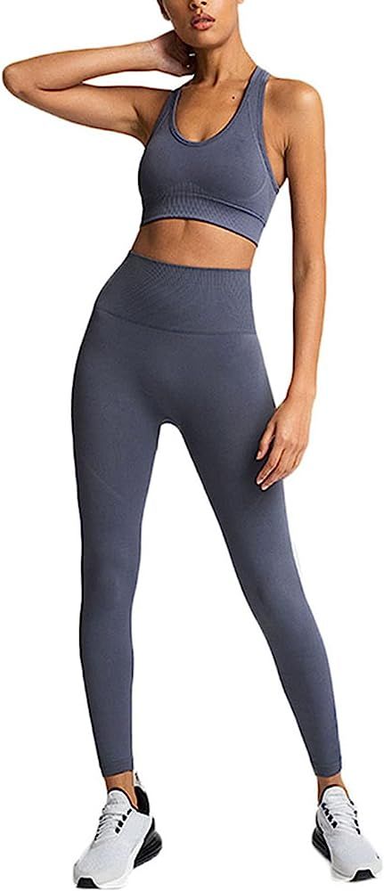 Hotexy Workout Set for Women 2 Pieces Outfits Seamless Yoga Leggings with Sports Bra Tank Top Gym... | Amazon (US)