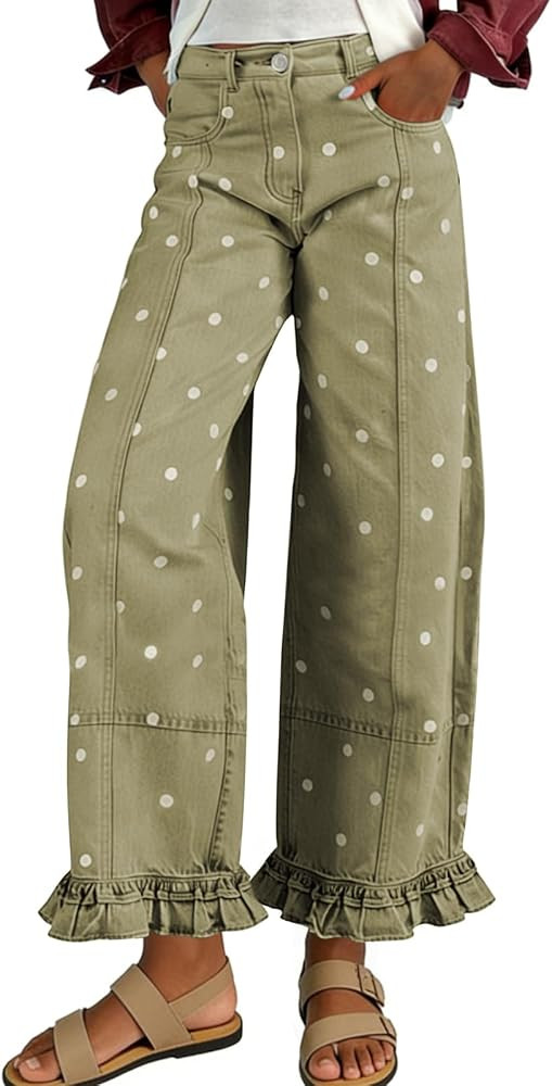 chouyatou Women's Cute Polka Dot Pattern Barrel Jeans Y2K Boyfriend Mid Rise Wide Leg Ruffled Den... | Amazon (US)