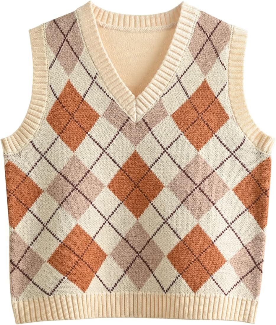Hyipels Argyle Sweater Vest Women Y2K Plaid Knitted Streetwear Preppy Style V Neck Crop Knitwear ... | Amazon (US)