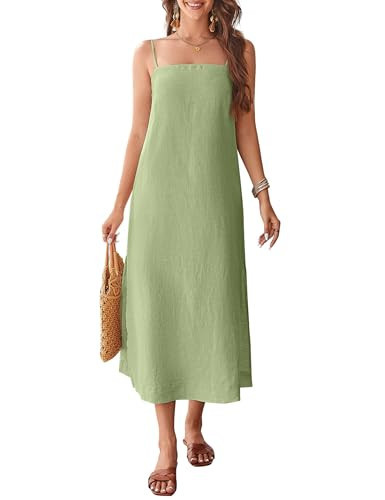 FIOPHY 100% Linen Dress Square Neck Sleeveless Spaghetti Strap Summer Casual Midi Dresses with Slit - Green S | Amazon (US)